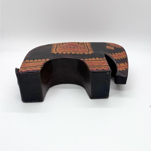 Leather Elephant Piggy Bank Tooled Coin Brown Red Boho Retro 7"x5" India Whimsy - Picture 4 of 6